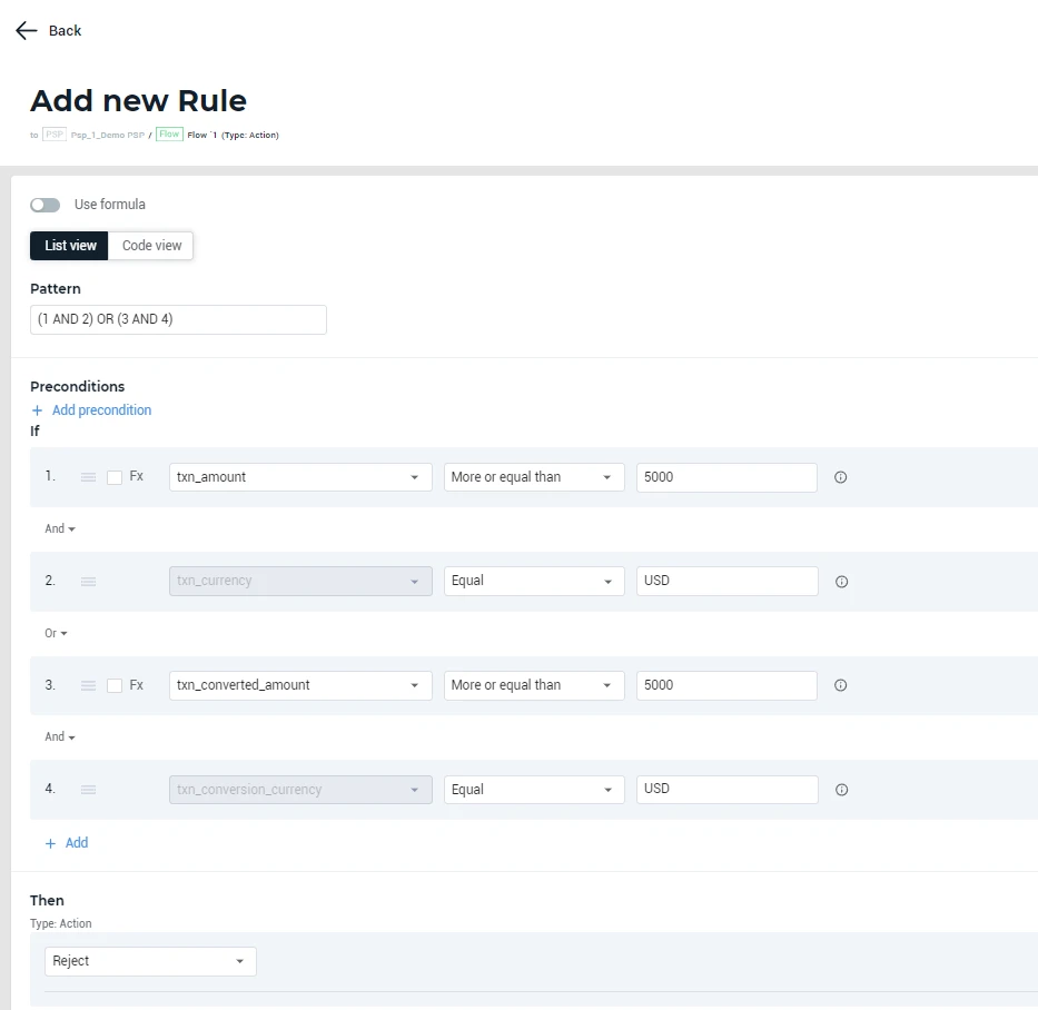 Smart Routing rule editor in the eComCharge Back Office: a pattern, four conditions and the Reject action